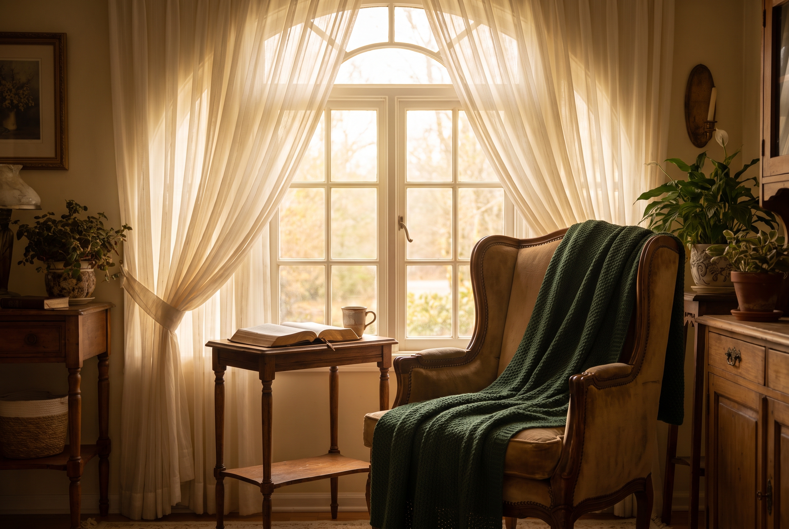 A comfortable chair and open Bible in warm morning light