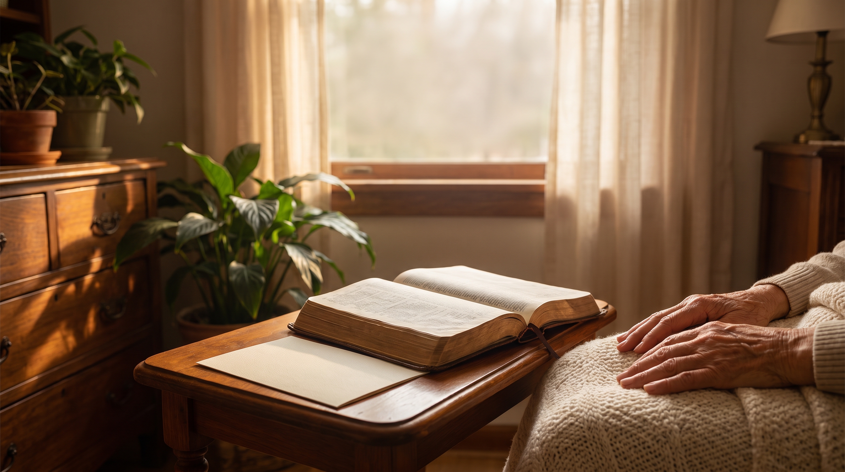 An open Bible in warm morning light beside relaxed hands