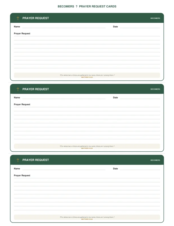 Preview of the blank printable prayer cards, with spaces for name, date, and prayer request
