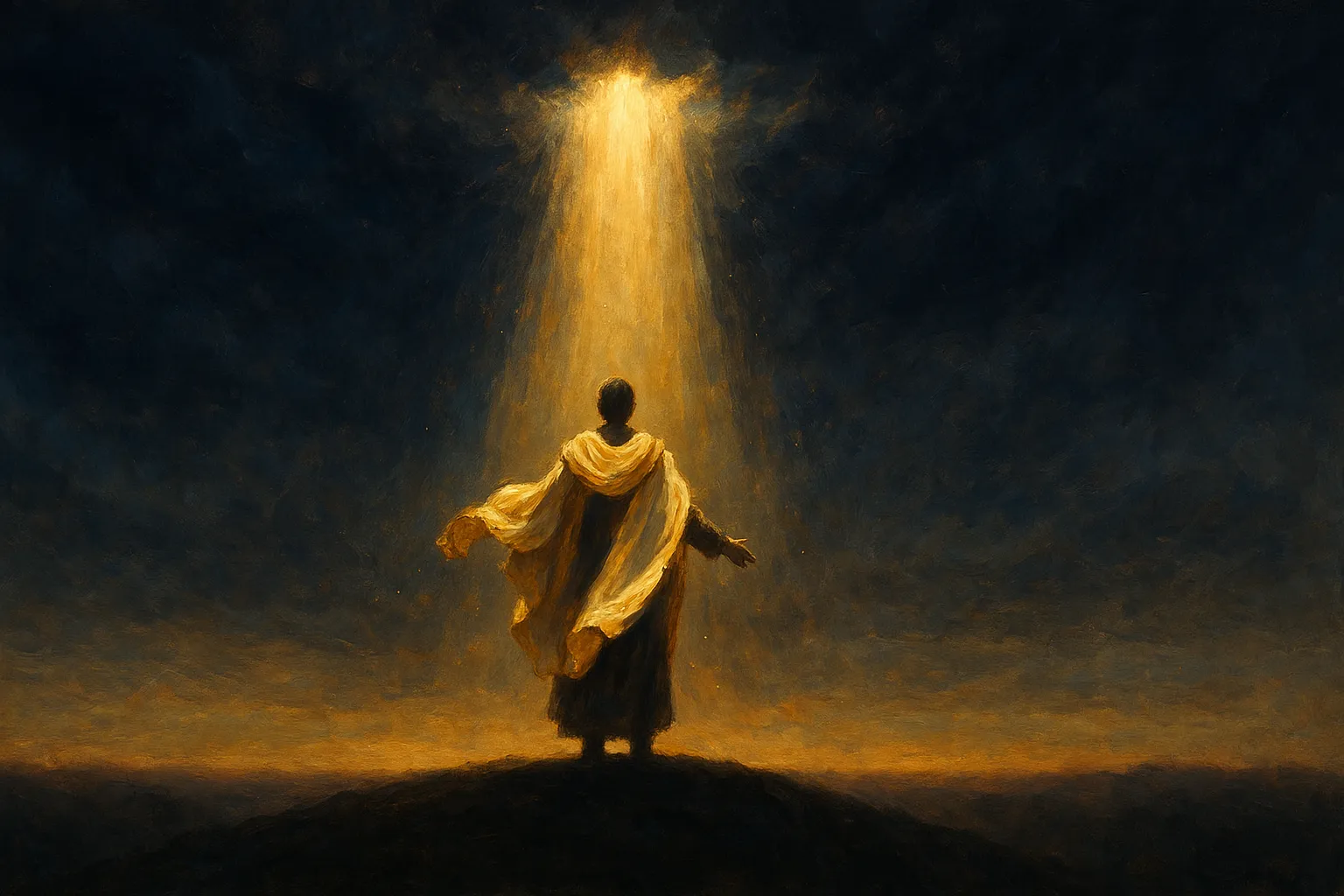 A figure standing on a dark hill as golden light descends from above and a robe settles onto their shoulders