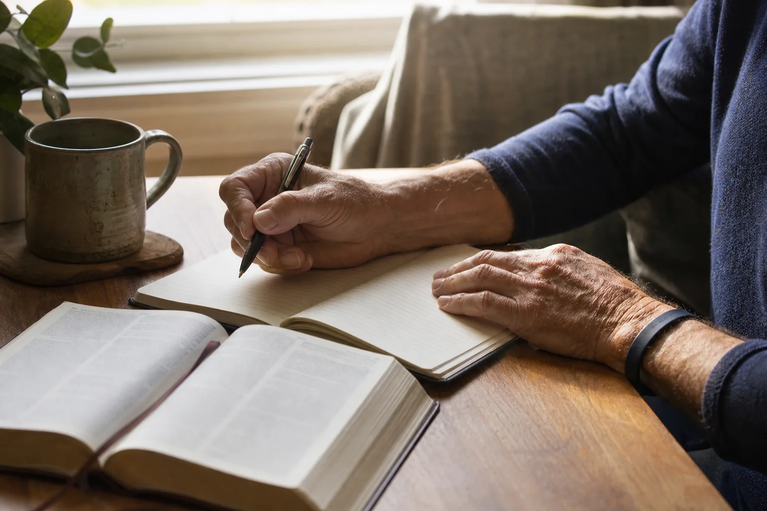 An older adult wearing a simple wristband and writing beside an open Bible