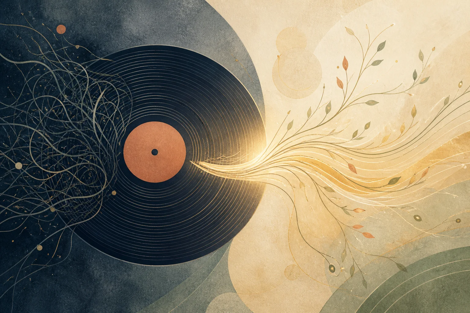 An artistic record changing from tangled dark grooves into a clear, bright path