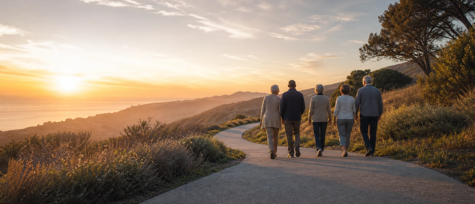Friends walking together on a sunlit path toward the horizon