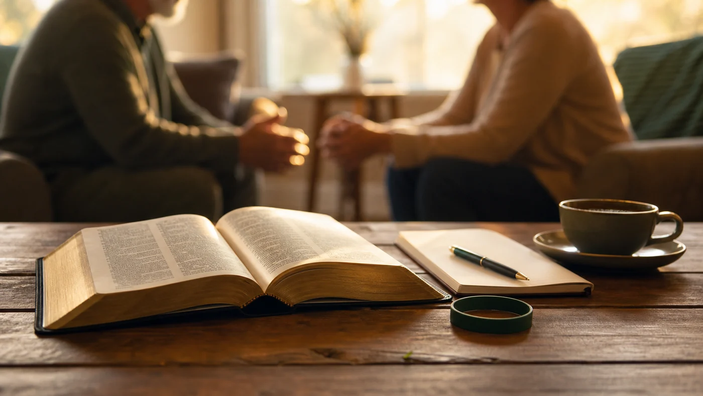 An open Bible and journal prepared for a quiet devotional time