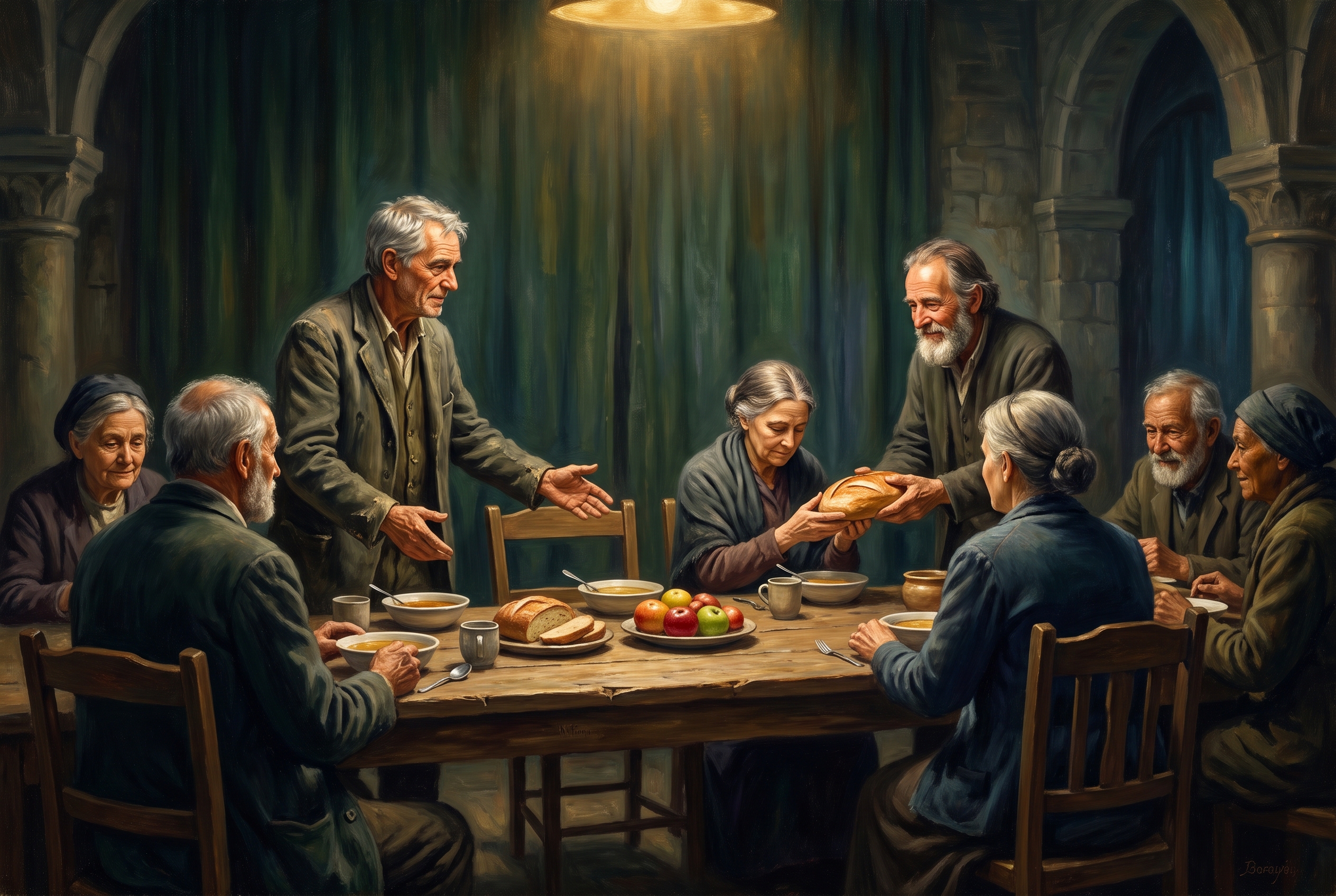 Older believers welcoming one another and sharing bread around a table