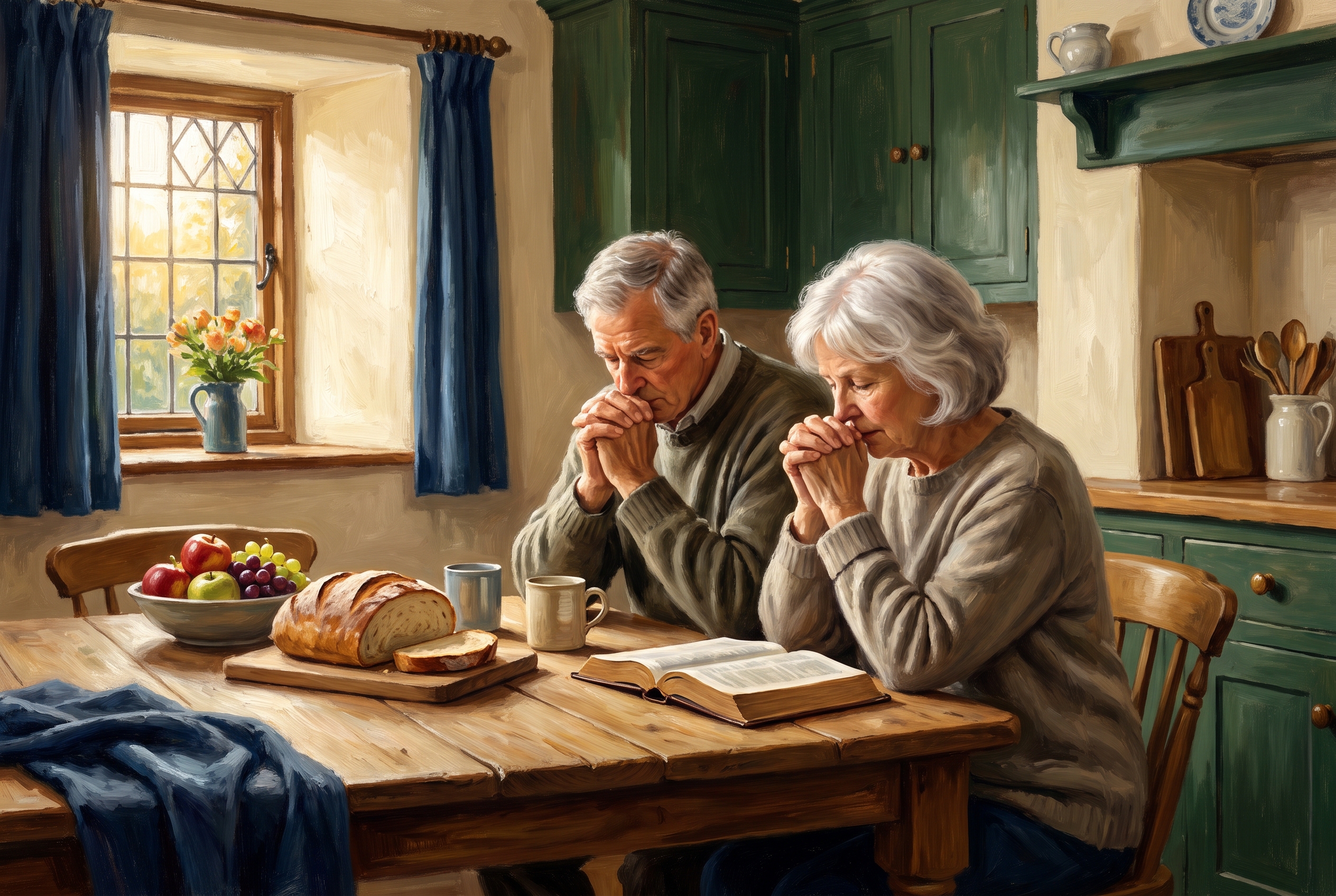 An older couple thanking God over bread and an open Bible