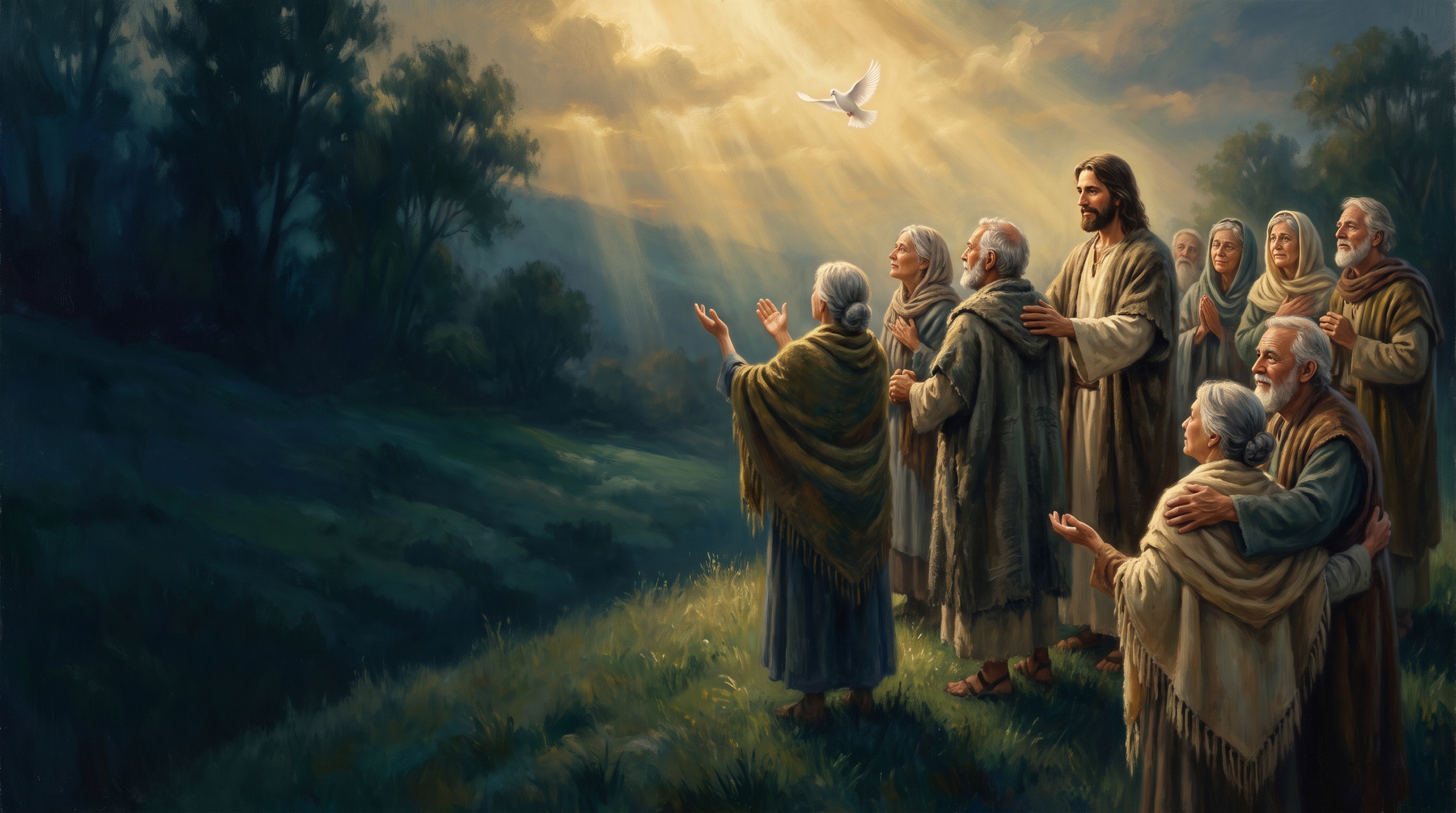 Jesus among older believers looking with gratitude toward radiant dawn light