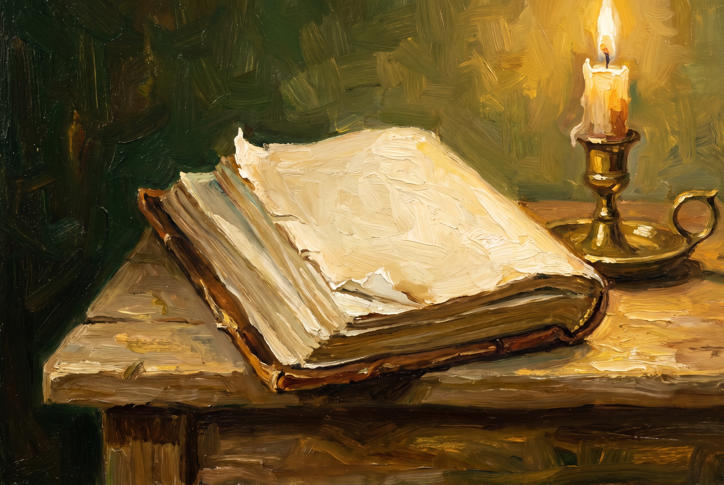 An old ledger open by candlelight, one page torn