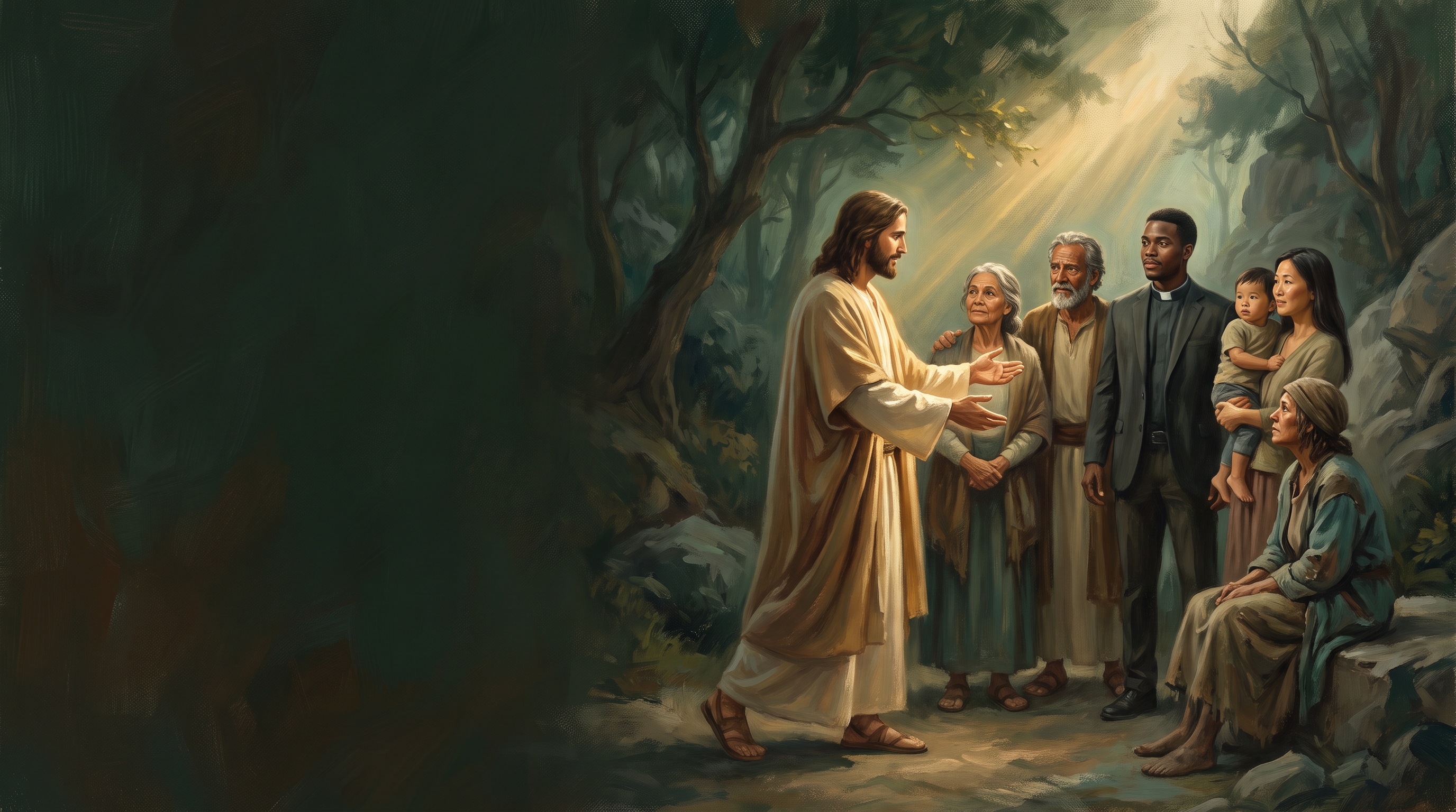 Jesus welcoming people of many generations into the light of God's love