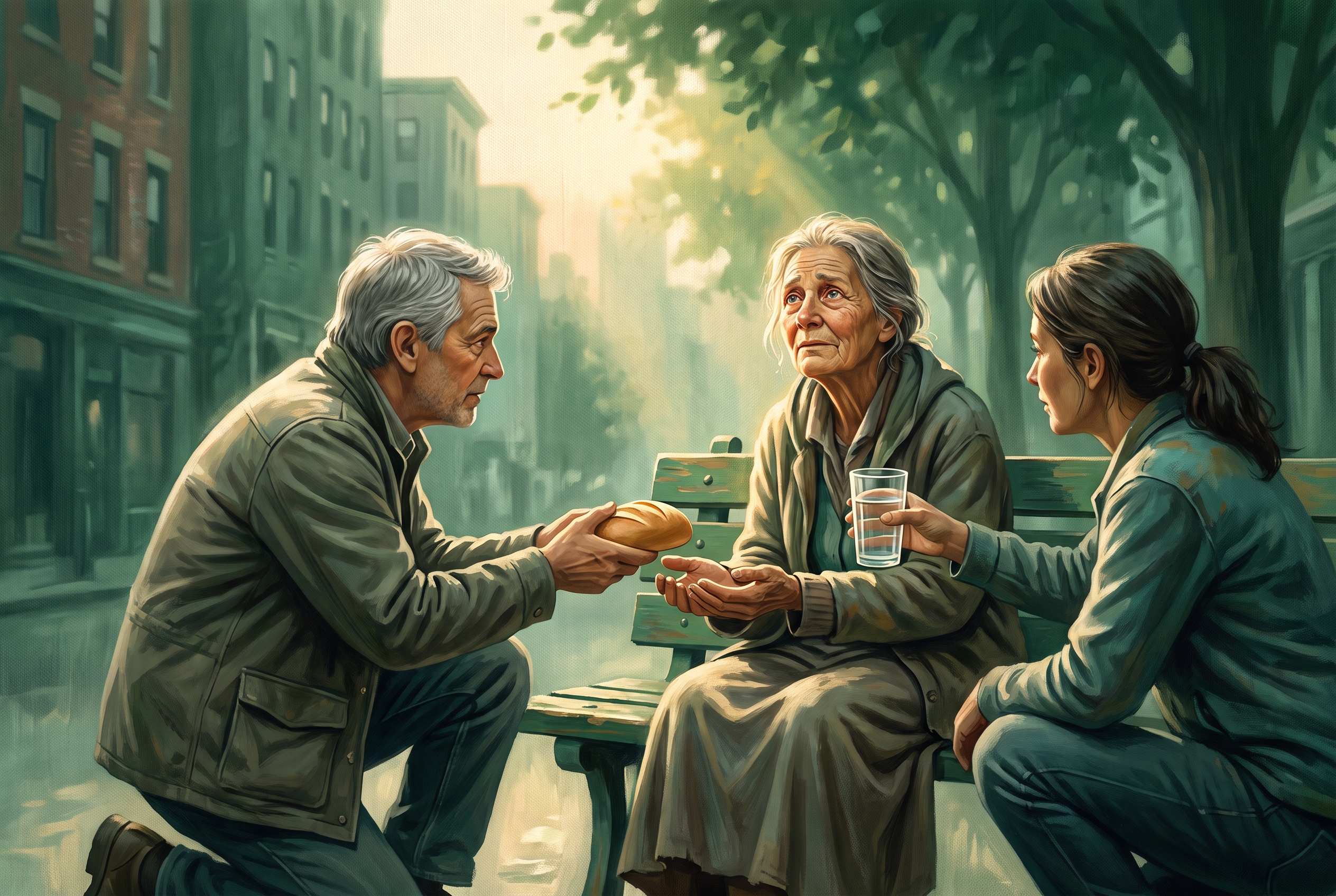 A person receiving bread, water, and dignified care