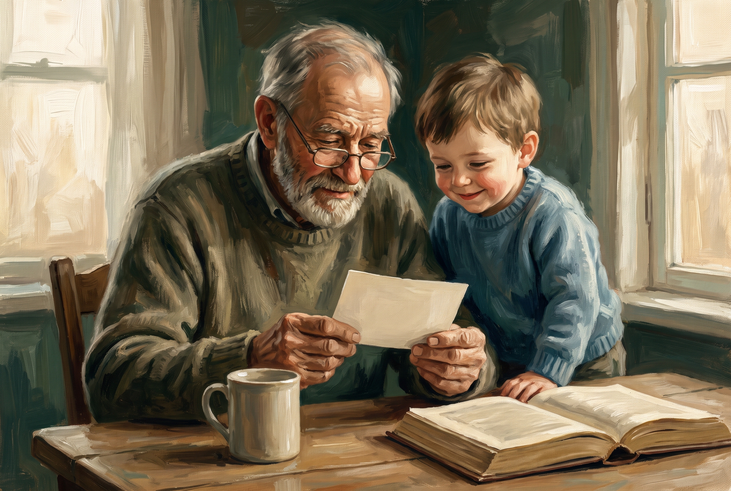 A grandfather treasuring a simple blank-paper gift from a child