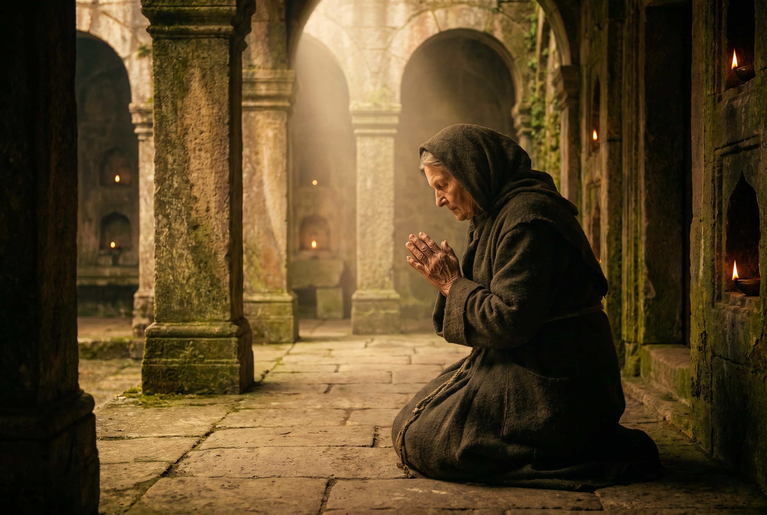 An elderly woman keeping watch in prayer at dawn