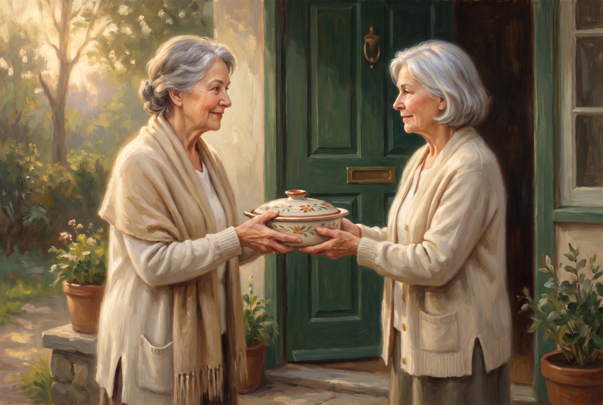 One person offers a meal while another receives it with dignity