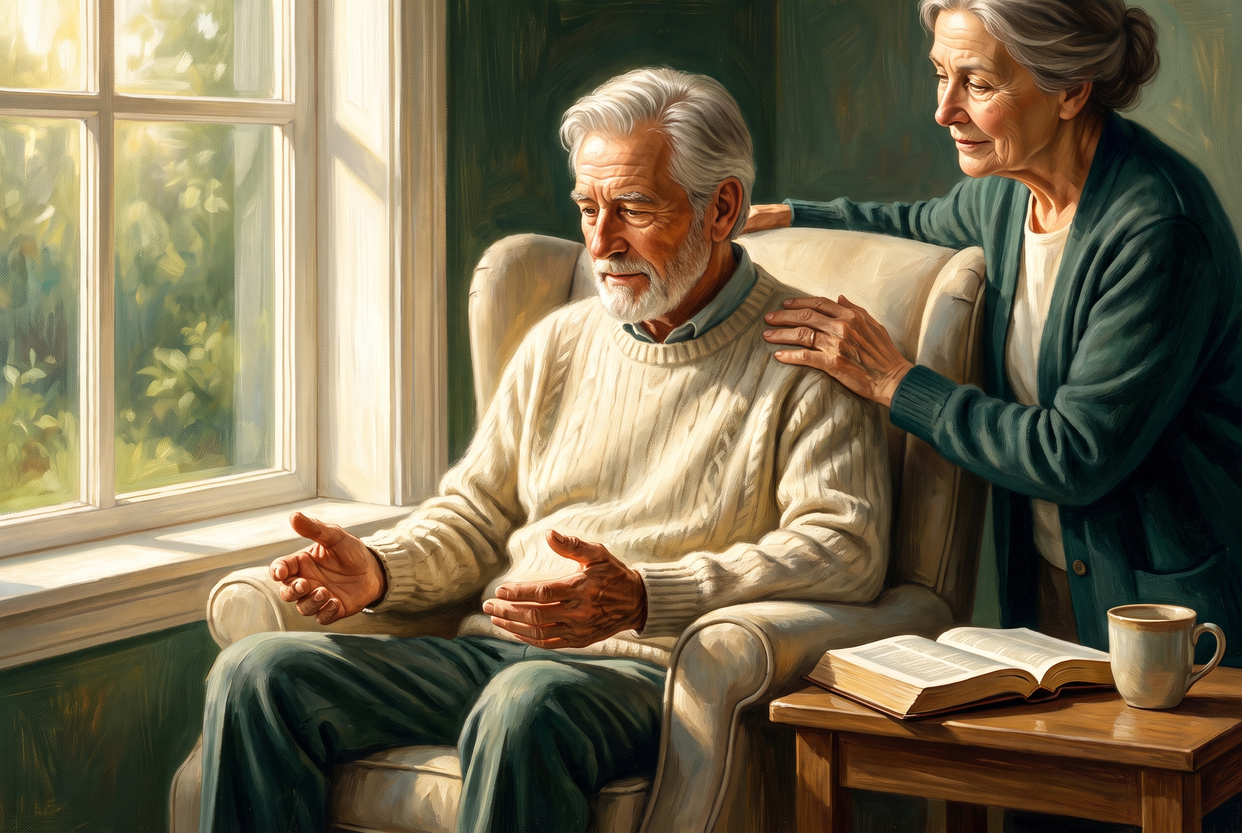 An older believer receiving prayer with open hands