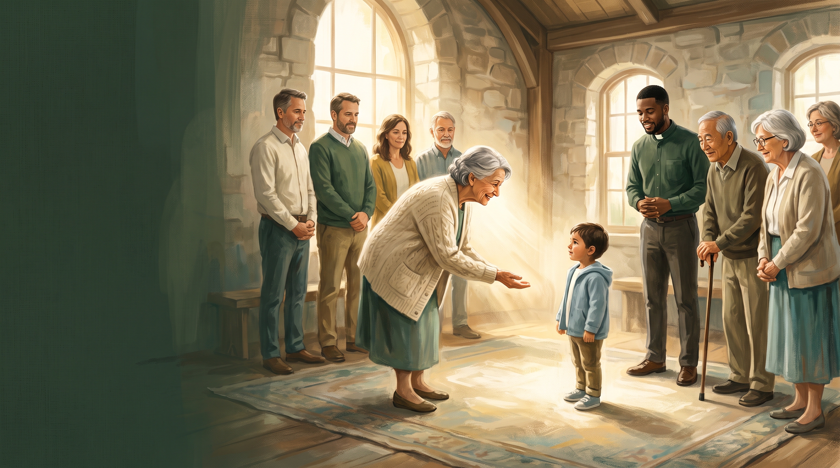 A multigenerational church family making room around a child