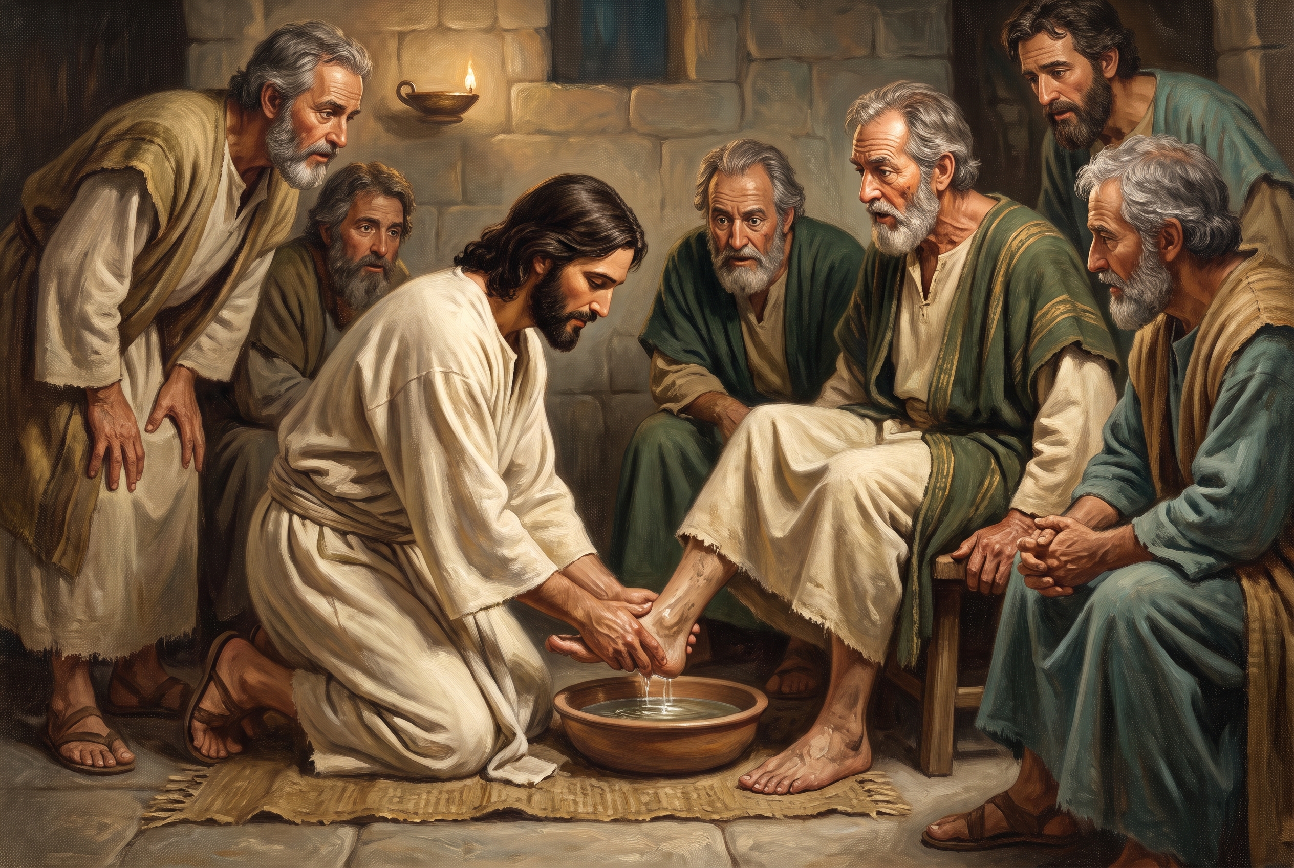 Jesus kneeling with a towel to wash a disciple's feet
