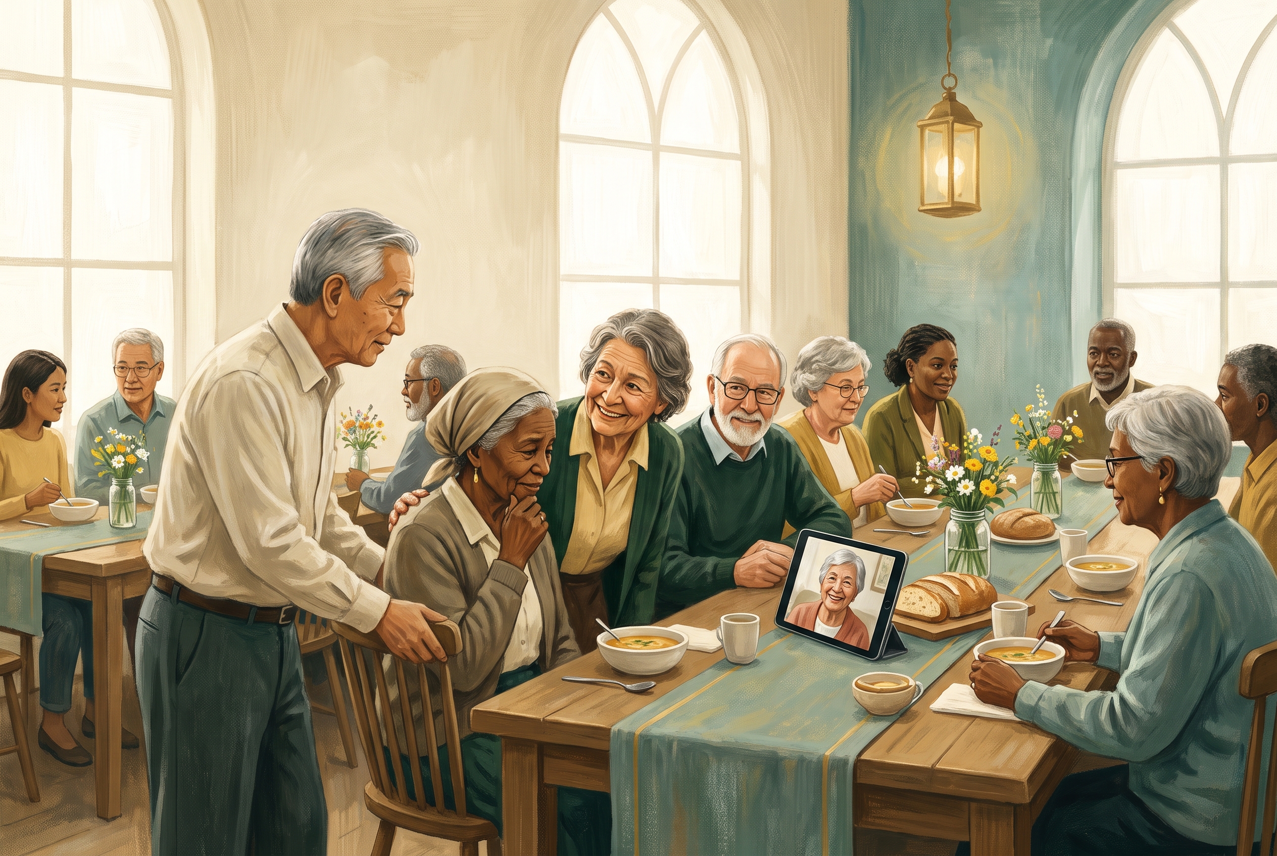 Older and younger believers making room for a newcomer at the table