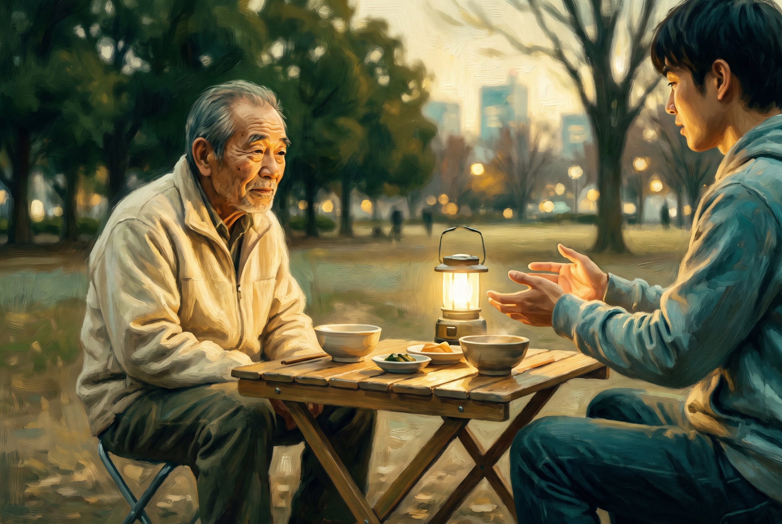 A volunteer's open hands offering food and welcome at an evening table