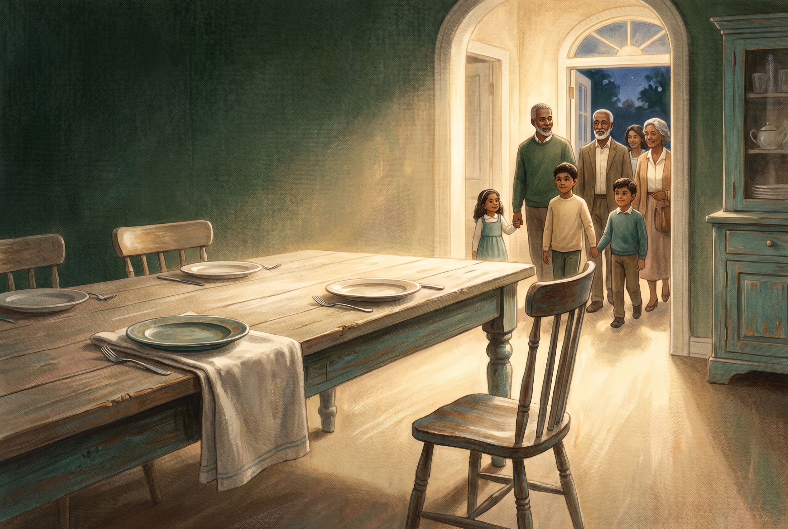 A family arriving through a doorway to a table set for a shared meal