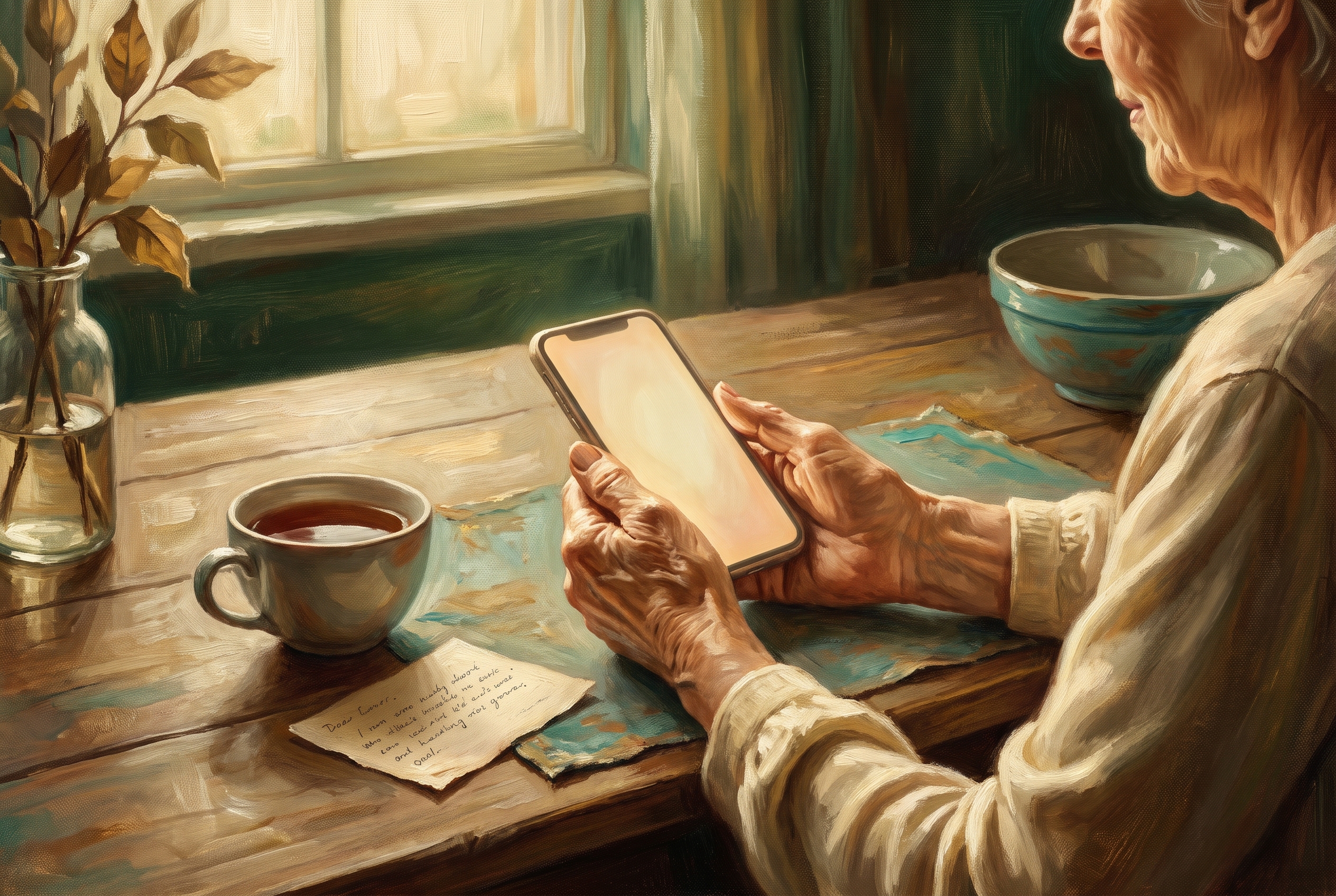 An older woman's hands holding a phone with a handwritten note nearby