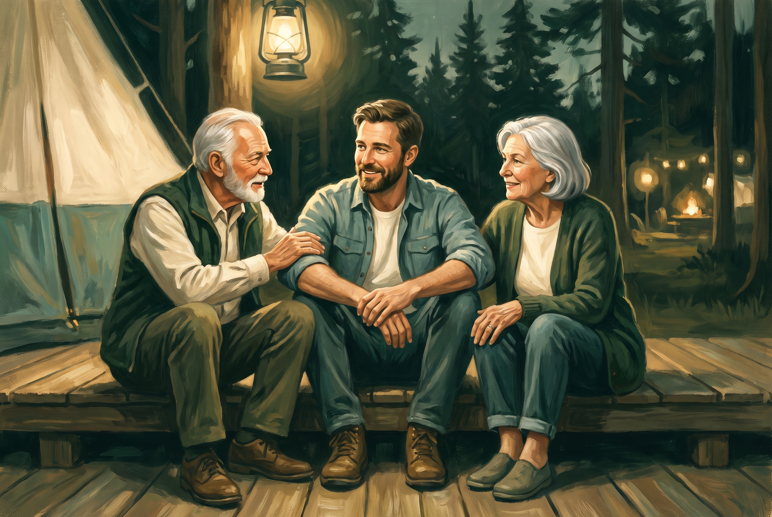 Three friends sitting close together under lantern light at night