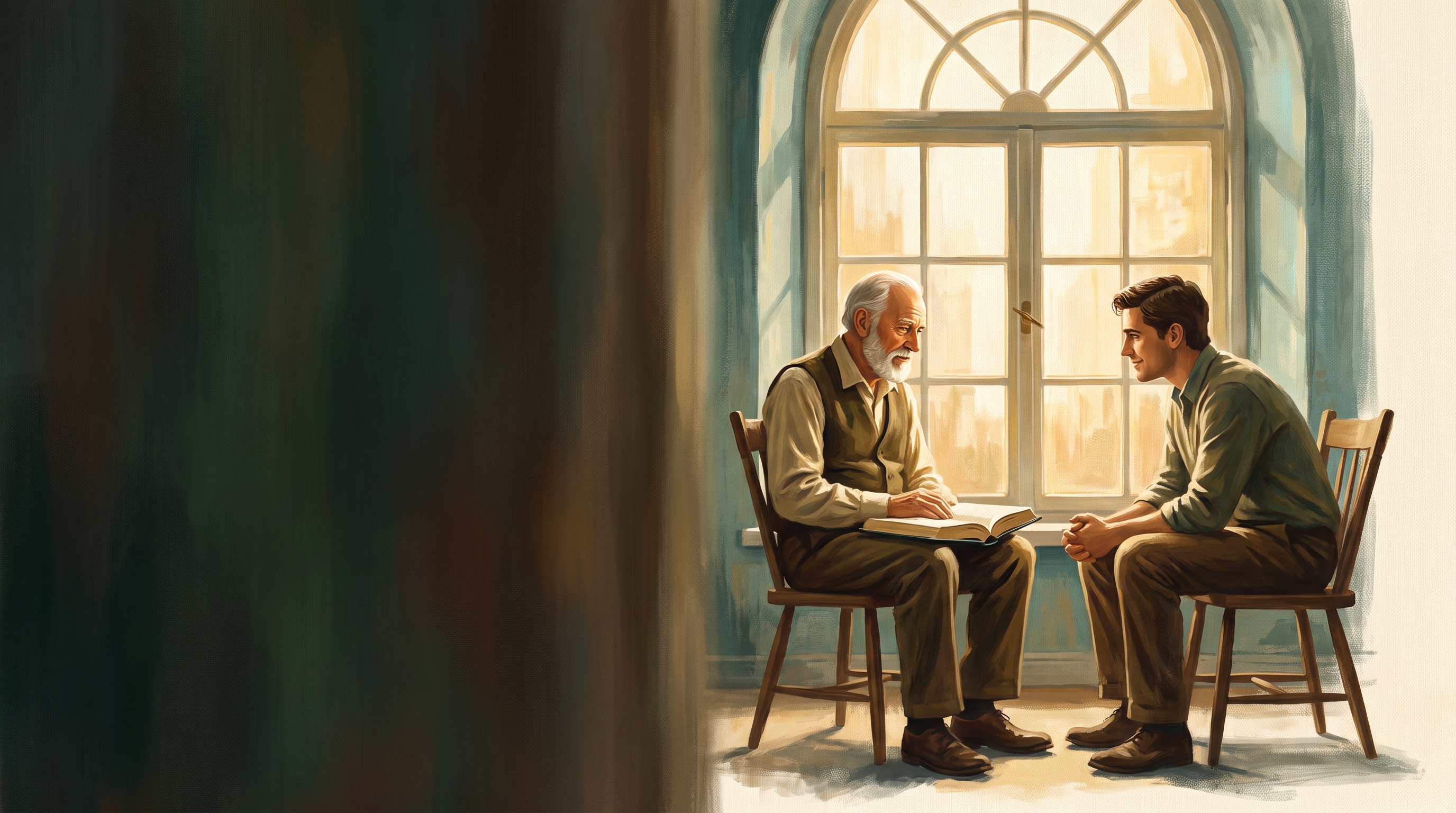An older man and a younger man listening closely together beside a window
